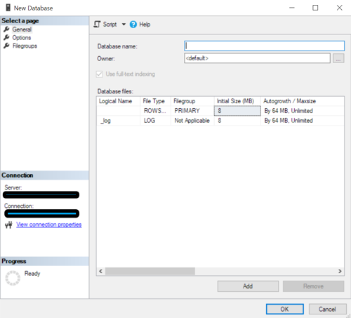MS SQL Server Management Studio Database configuration